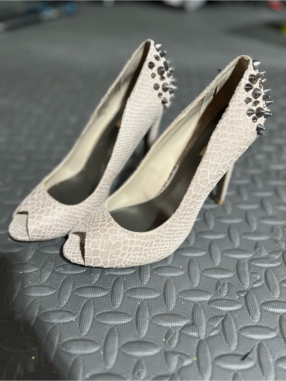 Studded Peep-Toe High Heels in Taupe